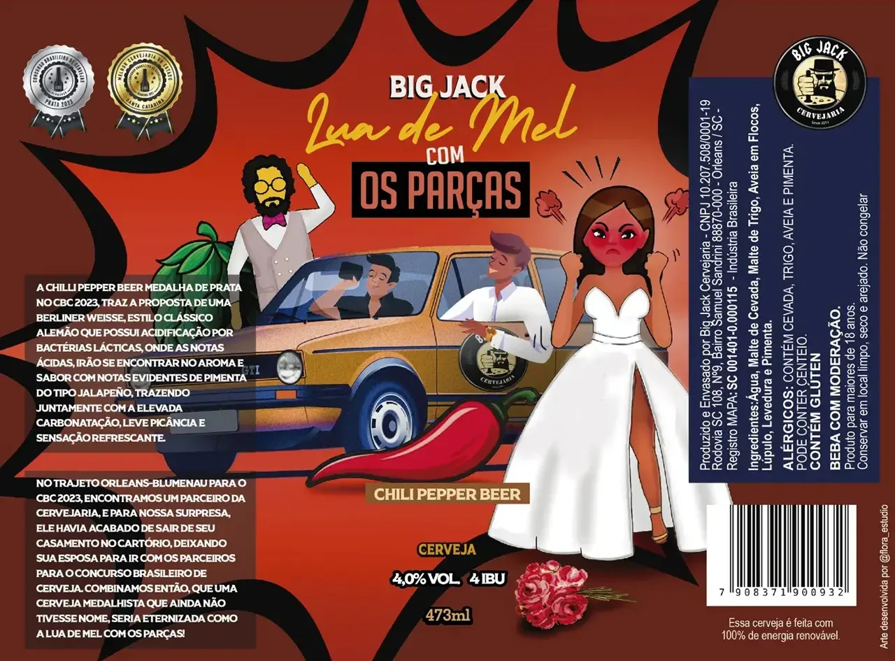 Rótulo da Cerveja Big Jack - Lua de Mel com os Parças. Com imagem ilustrativa, textos sobre a história da cerveja, suas premiações e informações gerais de rotulagem.