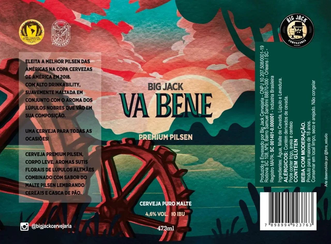 Rótulo da Cerveja Big Jack - Va Bene. Com imagem ilustrativa, textos sobre a história da cerveja, suas premiações e informações gerais de rotulagem.