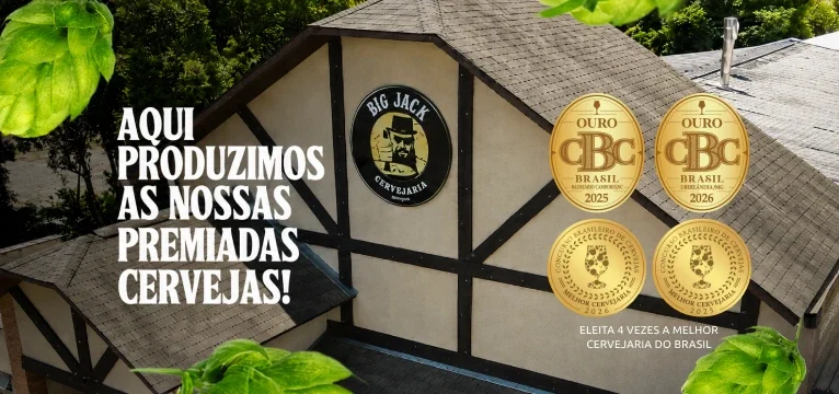 Banner com o texto Aqui Produzimos As Nossas Cervejas Premiadas e uma imagem superior da fachada da Cervejaria Big Jack, junto a umas medalhas de premiação.