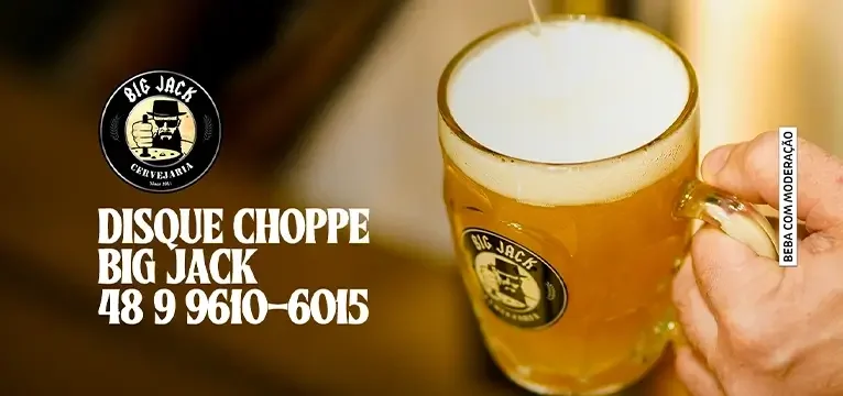 Banner com o texto Disque Choppe Big e a imagem de um homem servindo chope no caneco.